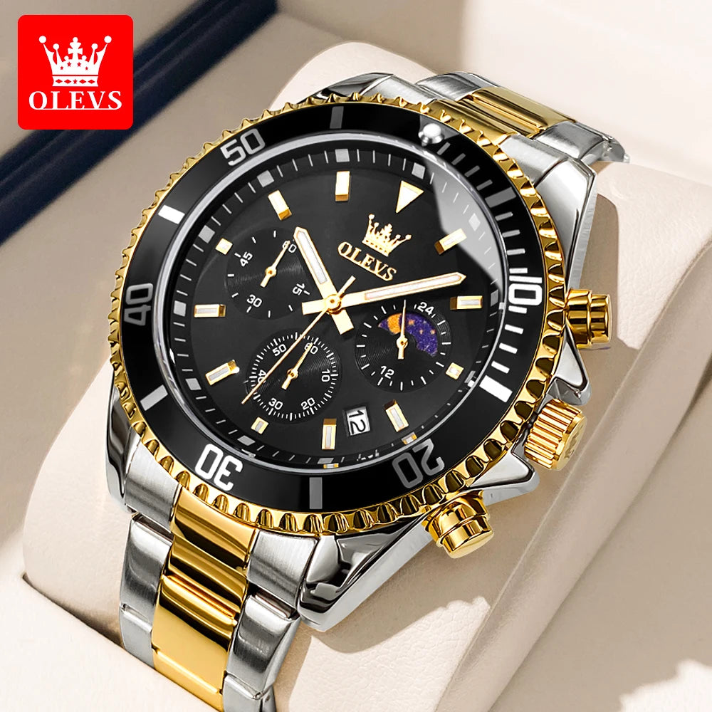 OLEVS 2870 Chronograph Quartz Business Men Watch Fashion Moon Phase Waterproof Watch For Men Stainless Steel Original Wristwatch