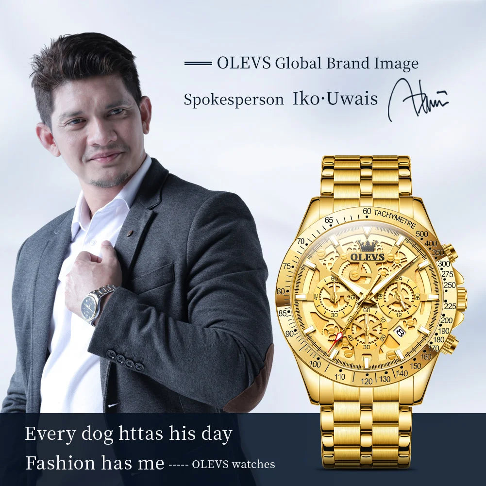 OLEVS Original Brand Quartz Watch Men Hollow Out Dial Design Stainless Steel Waterproof Chronograph New Fashion Gold Men's Watch