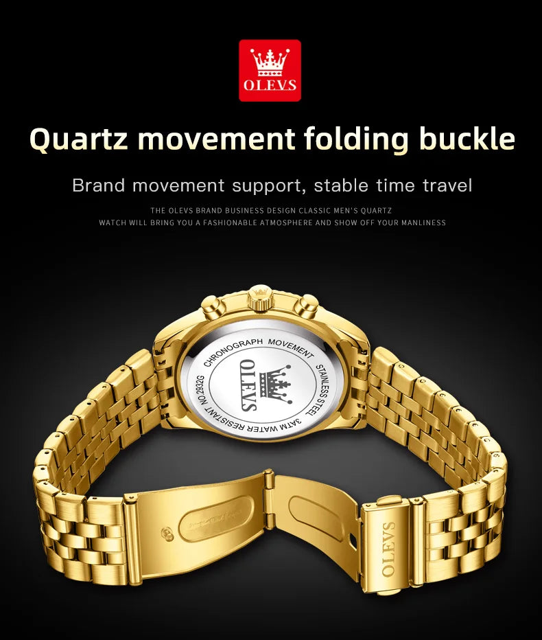 OLEVS Brand Luxury Original Men's Watches Waterproof Moon Phase Quartz Watch Luminous Gold Stainless Steel Strap Male Wristwatch