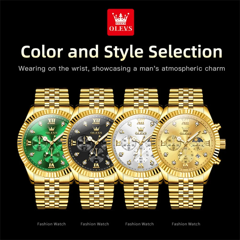 OLEVS Brand Luxury Original Men's Watches Waterproof Moon Phase Quartz Watch Luminous Gold Stainless Steel Strap Male Wristwatch