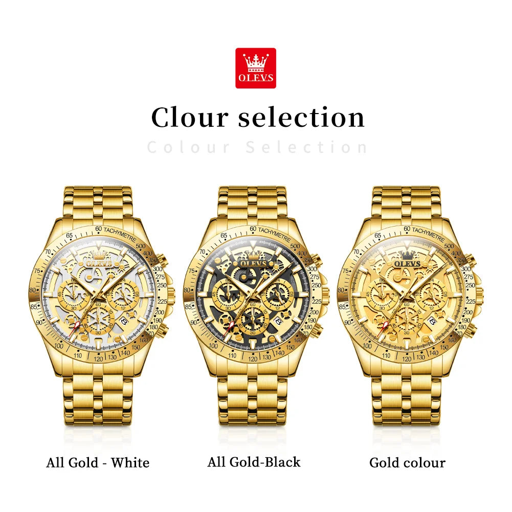 OLEVS Original Brand Quartz Watch Men Hollow Out Dial Design Stainless Steel Waterproof Chronograph New Fashion Gold Men's Watch