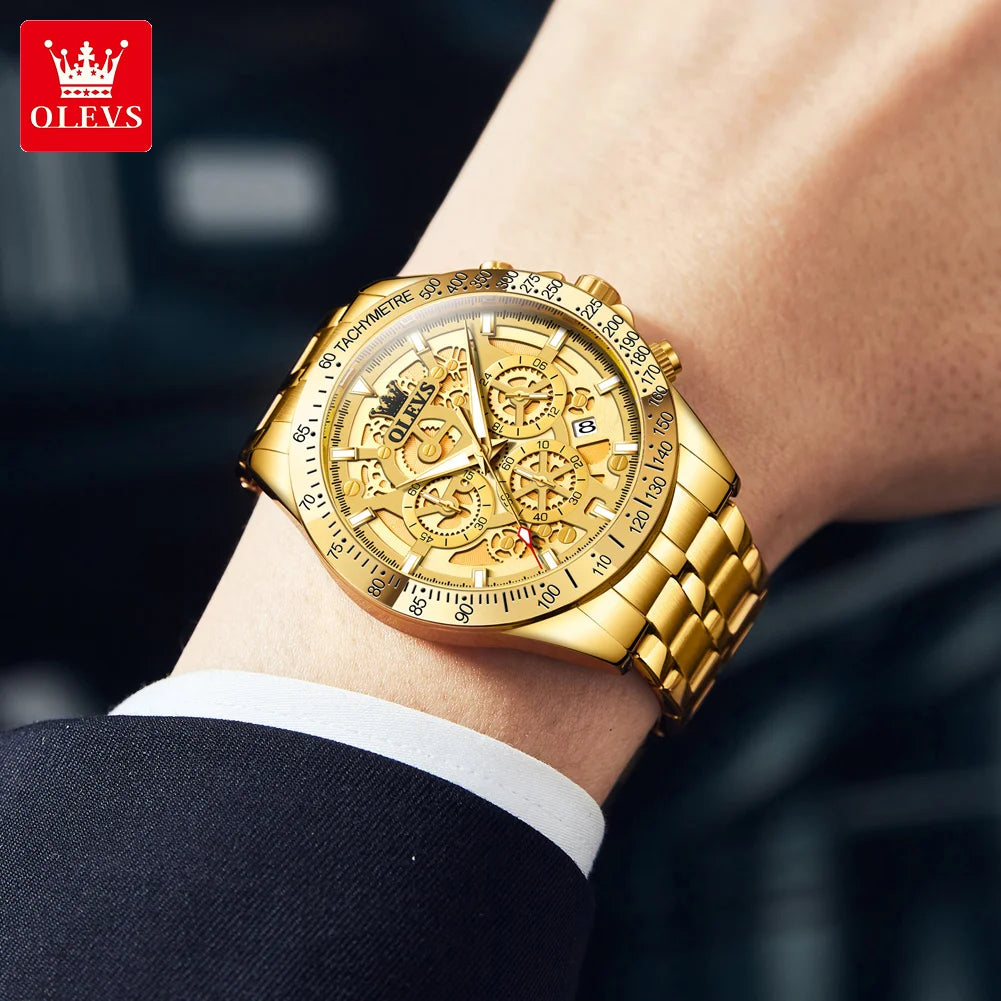 OLEVS Original Brand Quartz Watch Men Hollow Out Dial Design Stainless Steel Waterproof Chronograph New Fashion Gold Men's Watch