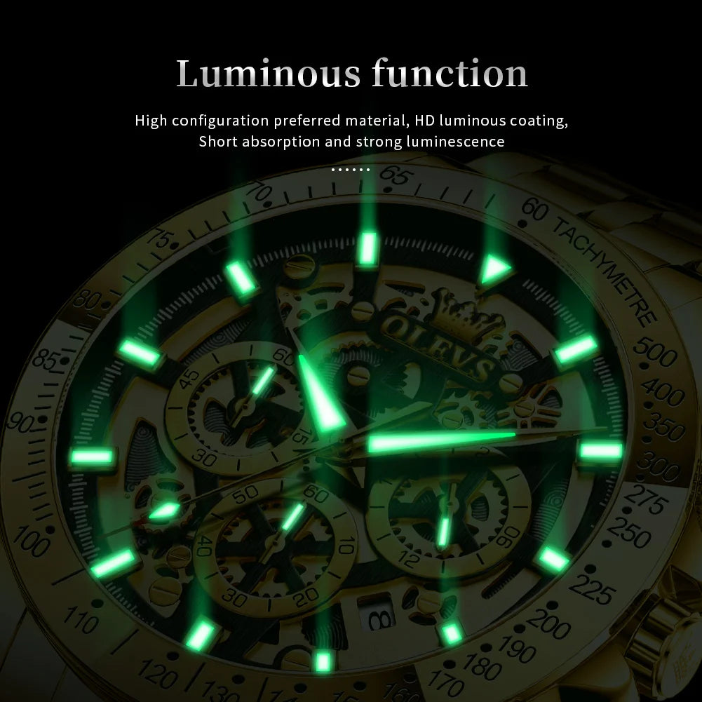 OLEVS Original Brand Quartz Watch Men Hollow Out Dial Design Stainless Steel Waterproof Chronograph New Fashion Gold Men's Watch