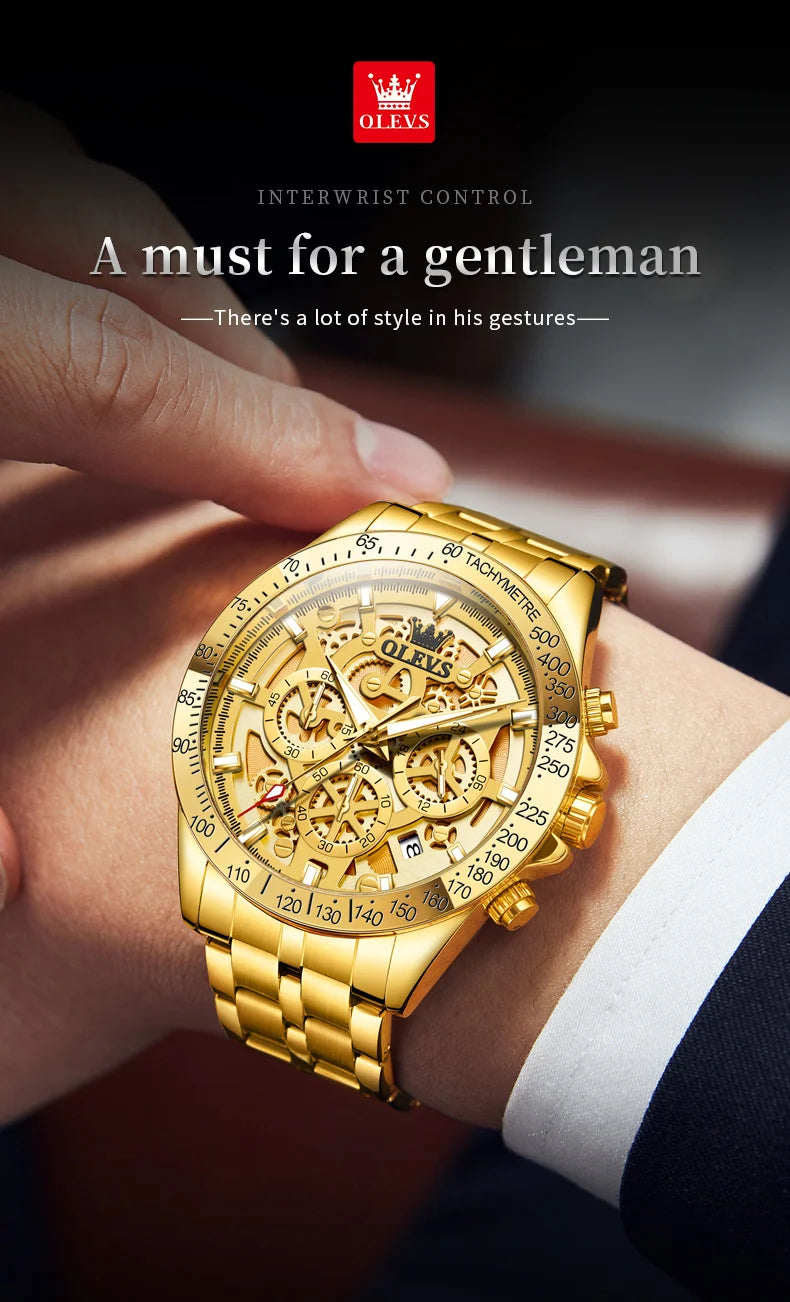 OLEVS Original Brand Quartz Watch Men Hollow Out Dial Design Stainless Steel Waterproof Chronograph New Fashion Gold Men's Watch