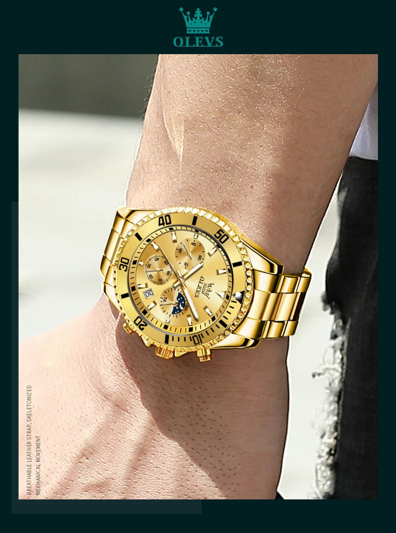 OLEVS 2870 Luxury Golden Watch for Men Fashion Business Waterproof Male Wristwatch Original Brand Moon Phase Quartz Men's Watch