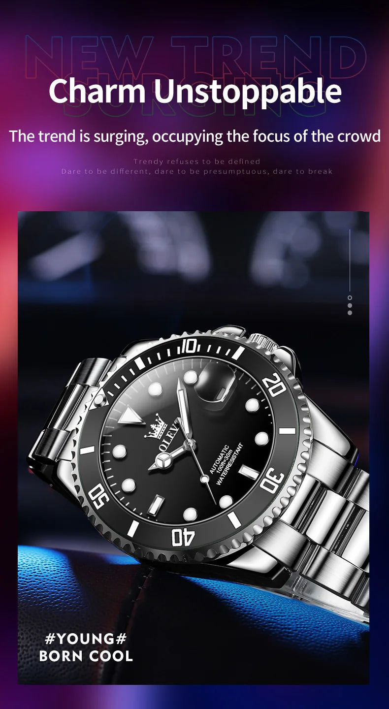 OLEVS 6650 Men Watch Classic Original Automatic Mechanical Watch For Man Zircon Scale  Waterproof Luminous Stainless Steel Reloj