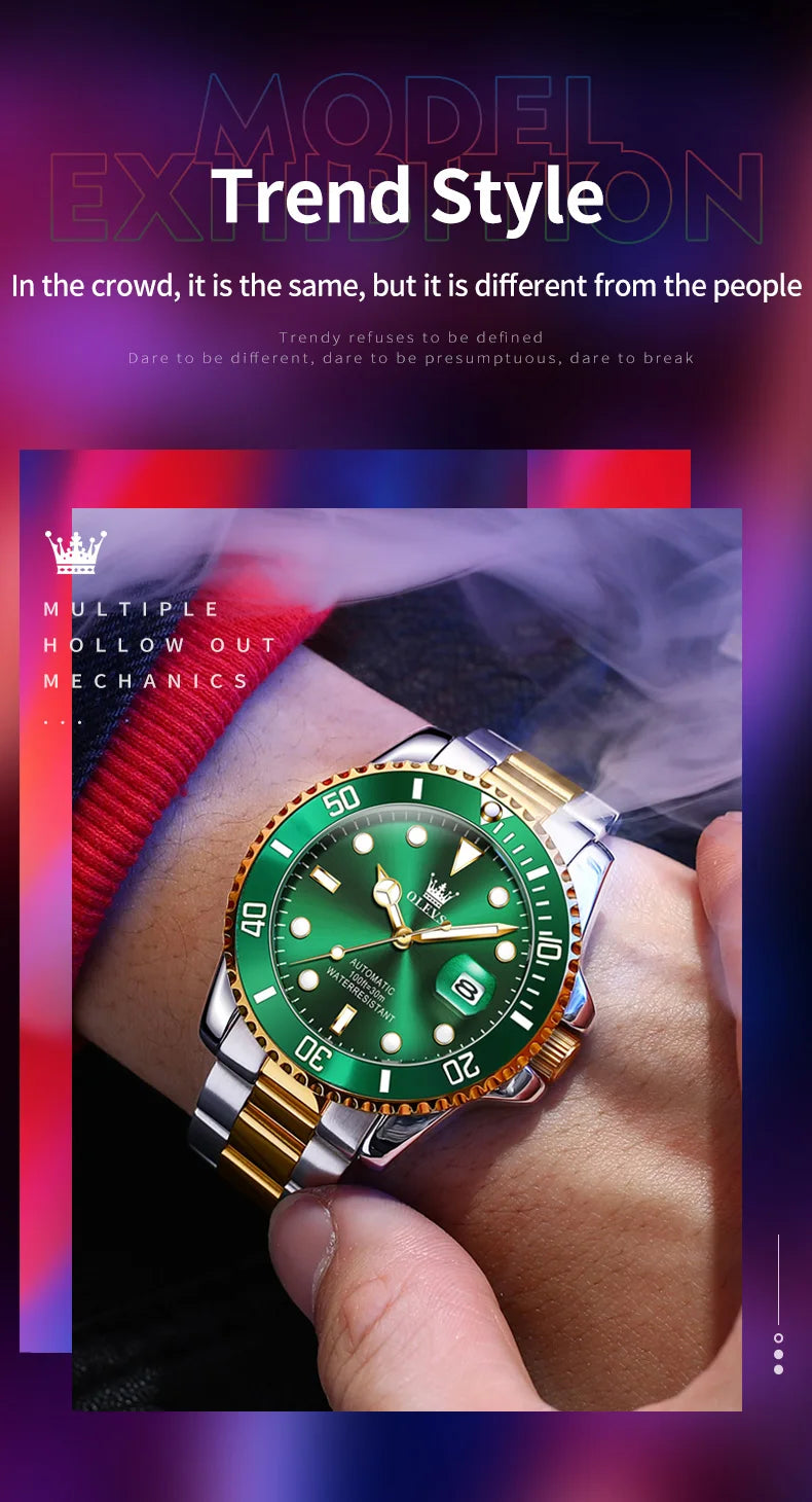 OLEVS 6650 Men Watch Classic Original Automatic Mechanical Watch For Man Zircon Scale  Waterproof Luminous Stainless Steel Reloj