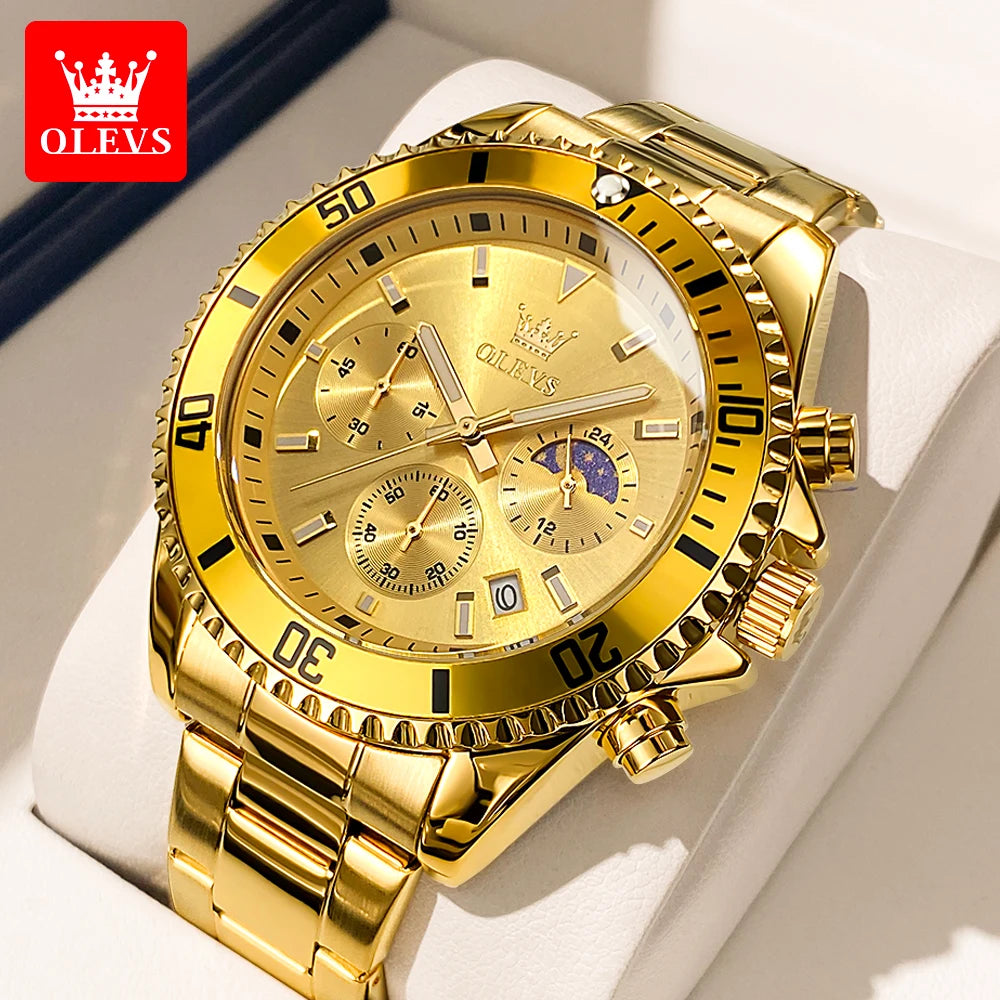 OLEVS 2870 Chronograph Quartz Business Men Watch Fashion Moon Phase Waterproof Watch For Men Stainless Steel Original Wristwatch