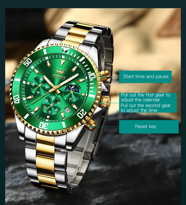 OLEVS 2870 Chronograph Quartz Business Men Watch Fashion Moon Phase Waterproof Watch For Men Stainless Steel Original Wristwatch