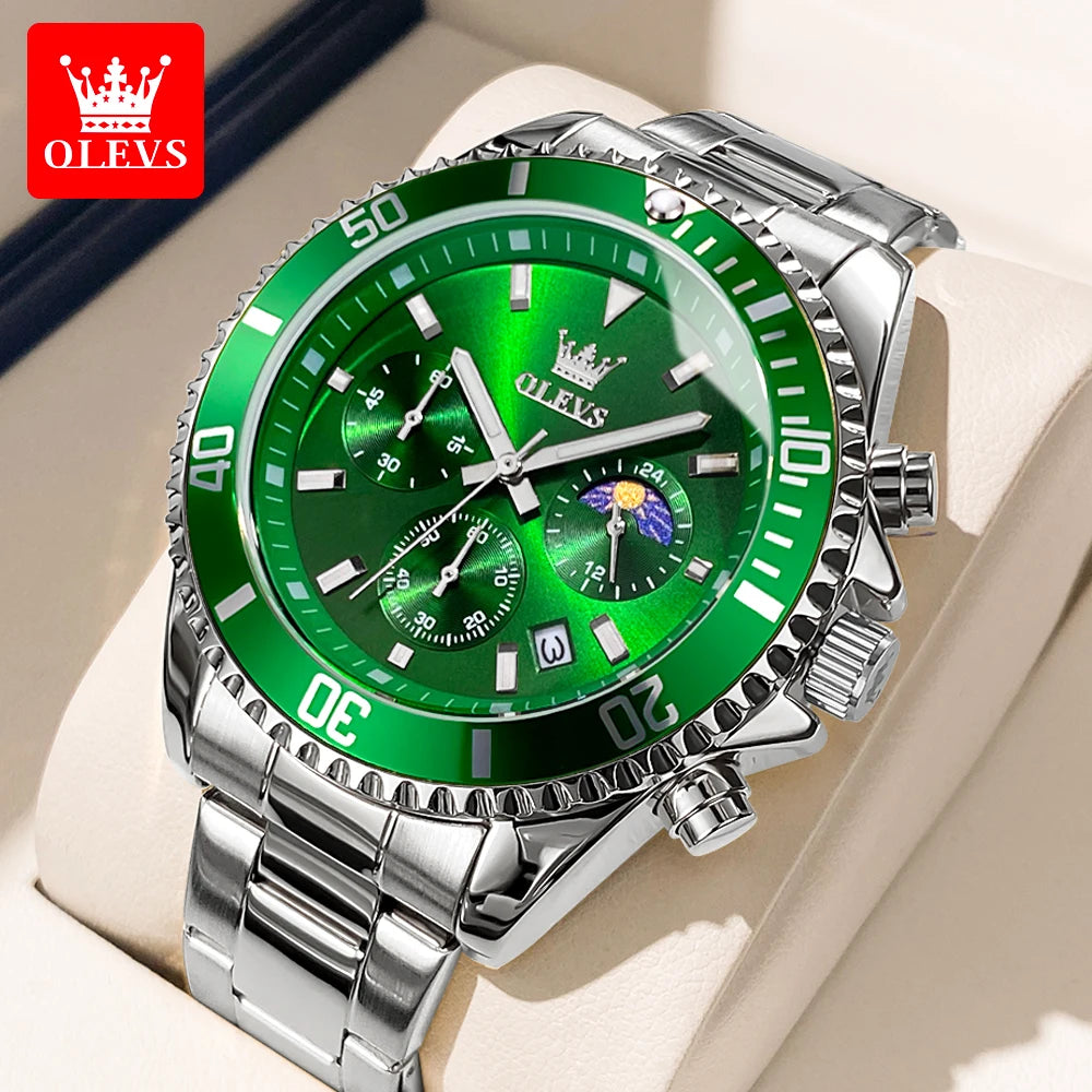 OLEVS 2870 Chronograph Quartz Business Men Watch Fashion Moon Phase Waterproof Watch For Men Stainless Steel Original Wristwatch