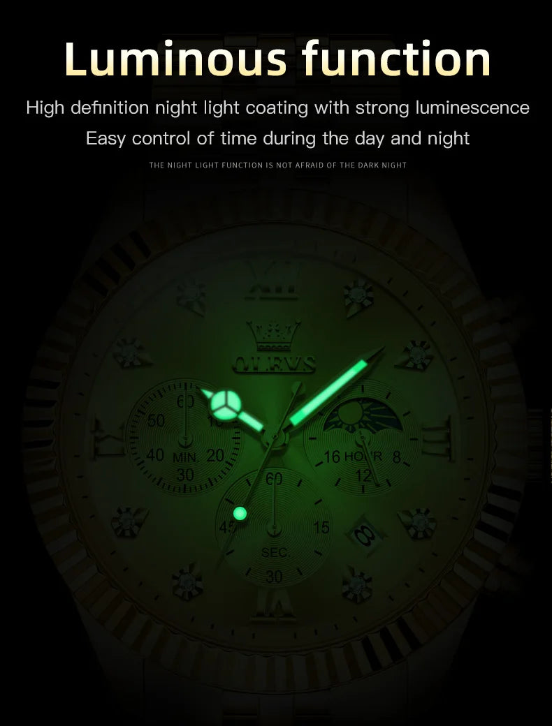 OLEVS Brand Luxury Original Men's Watches Waterproof Moon Phase Quartz Watch Luminous Gold Stainless Steel Strap Male Wristwatch