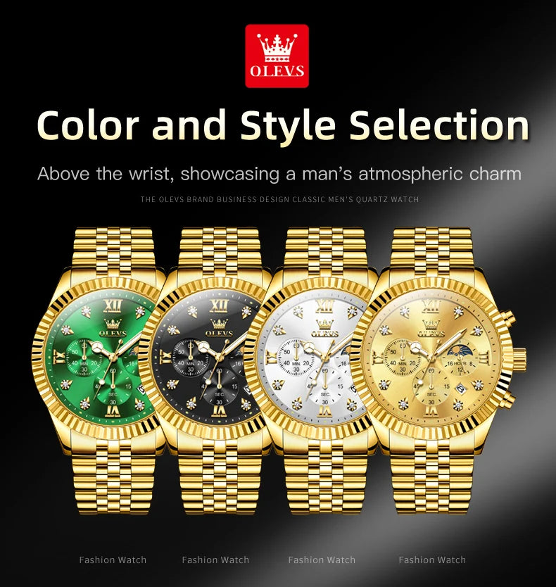 OLEVS Brand Luxury Original Men's Watches Waterproof Moon Phase Quartz Watch Luminous Gold Stainless Steel Strap Male Wristwatch