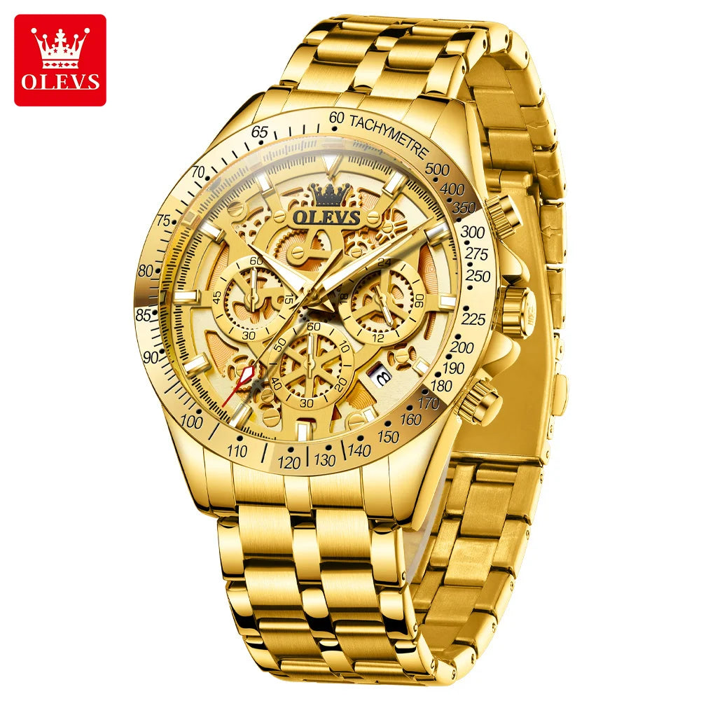 OLEVS Original Brand Quartz Watch Men Hollow Out Dial Design Stainless Steel Waterproof Chronograph New Fashion Gold Men's Watch