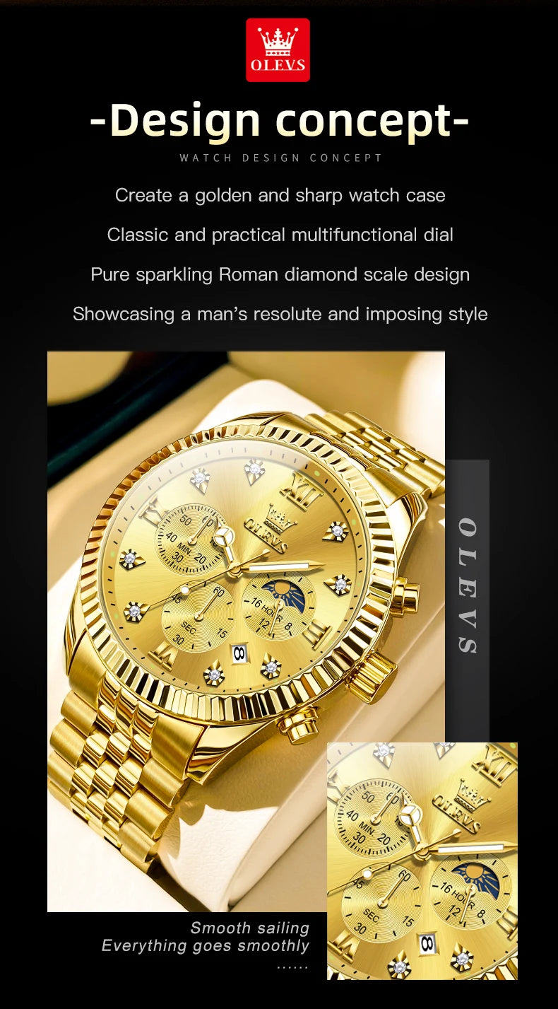 OLEVS Brand Luxury Original Men's Watches Waterproof Moon Phase Quartz Watch Luminous Gold Stainless Steel Strap Male Wristwatch