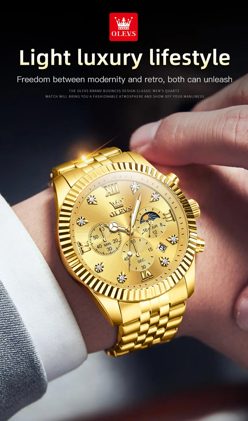 OLEVS Brand Luxury Original Men's Watches Waterproof Moon Phase Quartz Watch Luminous Gold Stainless Steel Strap Male Wristwatch