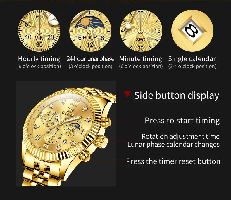 OLEVS Brand Luxury Original Men's Watches Waterproof Moon Phase Quartz Watch Luminous Gold Stainless Steel Strap Male Wristwatch