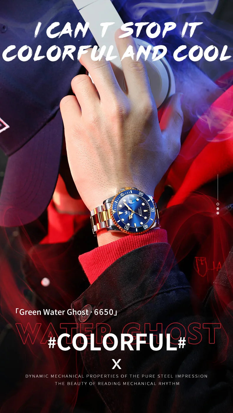 OLEVS 6650 Men Watch Classic Original Automatic Mechanical Watch For Man Zircon Scale  Waterproof Luminous Stainless Steel Reloj