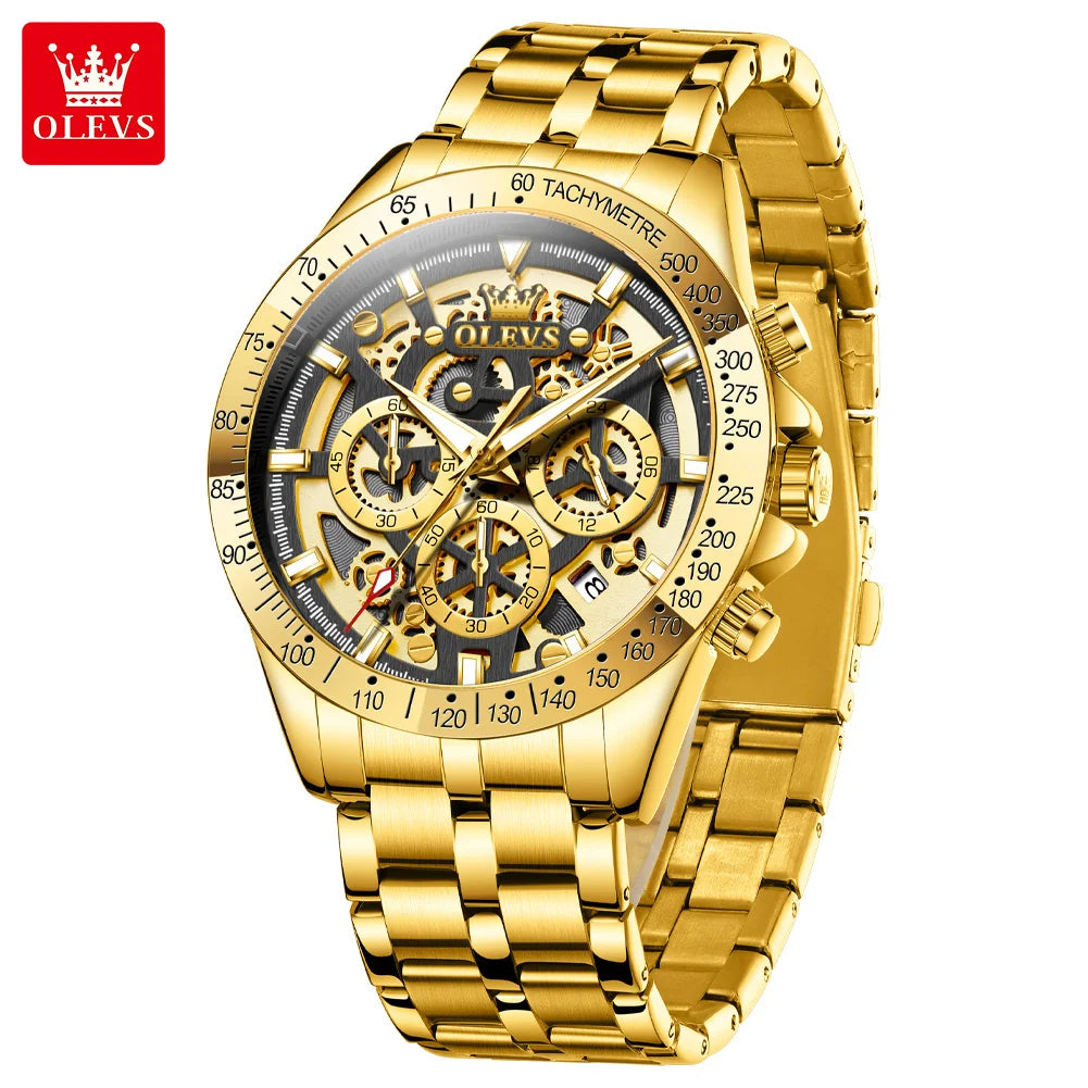 OLEVS Original Brand Quartz Watch Men Hollow Out Dial Design Stainless Steel Waterproof Chronograph New Fashion Gold Men's Watch