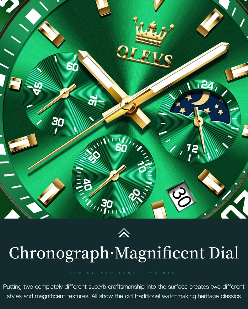 OLEVS 2870 Chronograph Quartz Business Men Watch Fashion Moon Phase Waterproof Watch For Men Stainless Steel Original Wristwatch