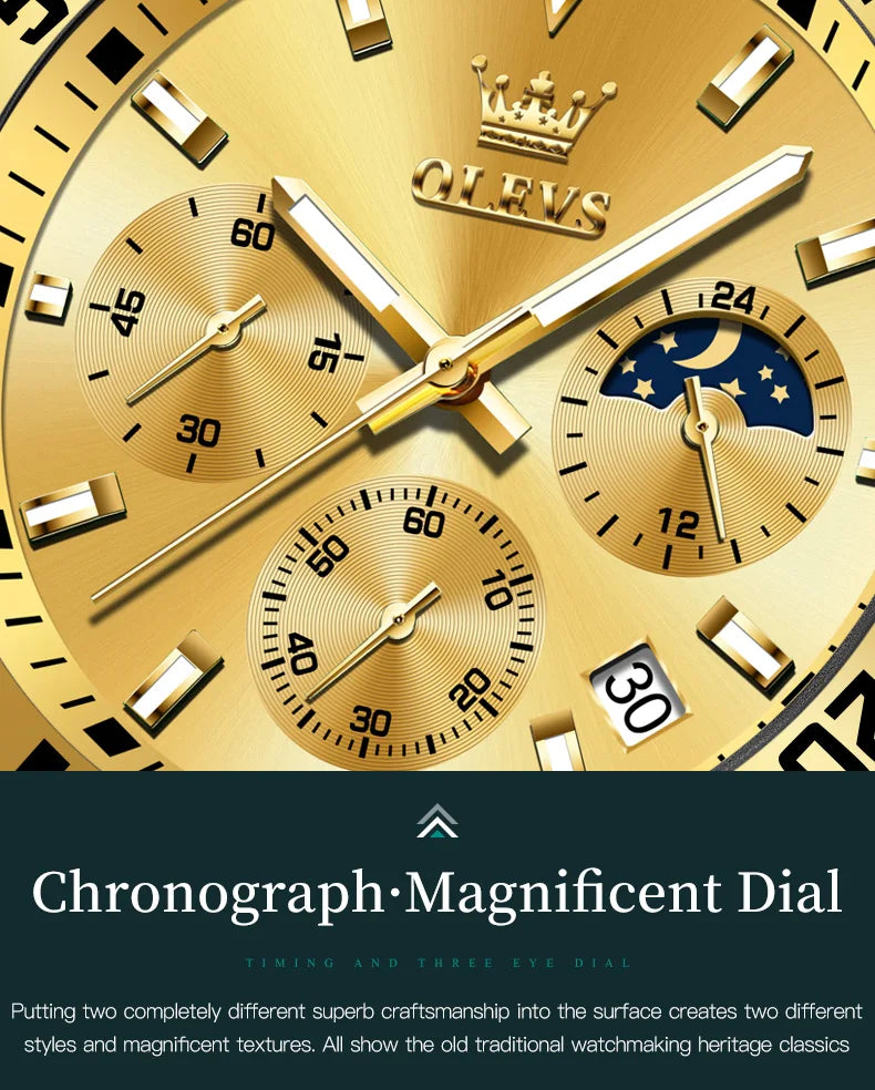 OLEVS 2870 Men Watch 42.5mm Big Dial Chronograph Moon Phase Waterproof Sports Watches Original Fashion Quartz Watch for Men 2025