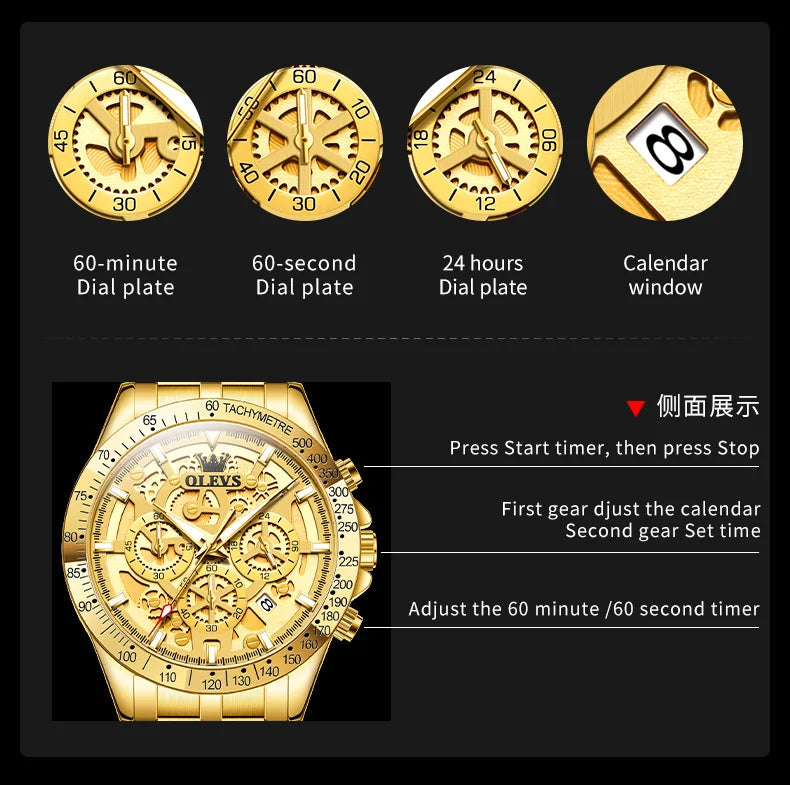 OLEVS Original Brand Quartz Watch Men Hollow Out Dial Design Stainless Steel Waterproof Chronograph New Fashion Gold Men's Watch