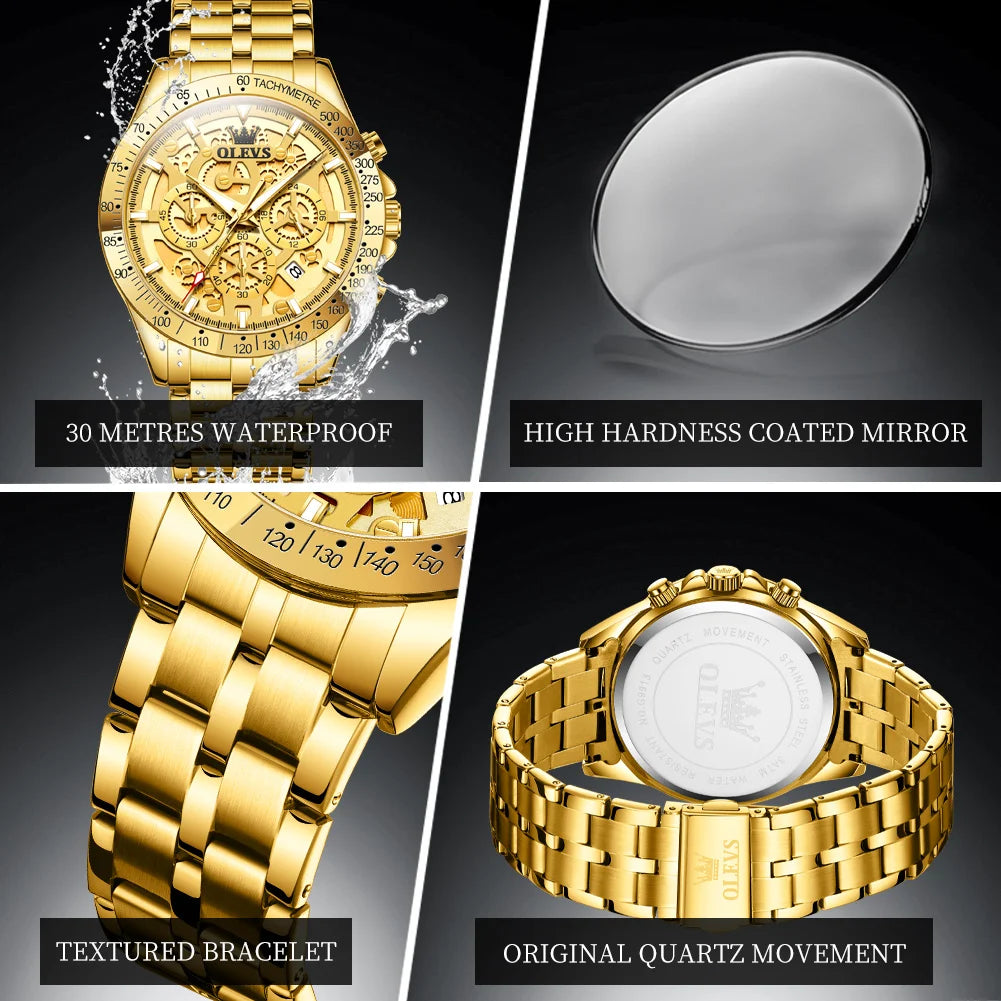 OLEVS Original Brand Quartz Watch Men Hollow Out Dial Design Stainless Steel Waterproof Chronograph New Fashion Gold Men's Watch