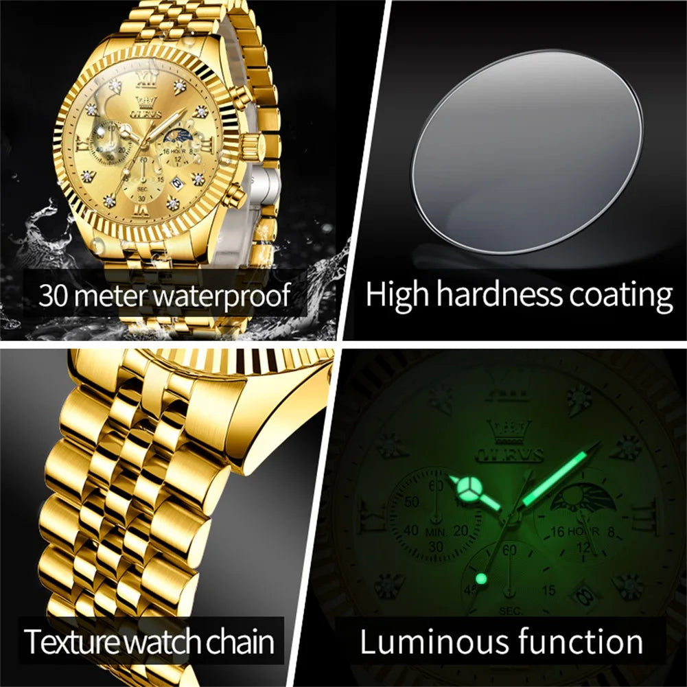 OLEVS Brand Luxury Original Men's Watches Waterproof Moon Phase Quartz Watch Luminous Gold Stainless Steel Strap Male Wristwatch