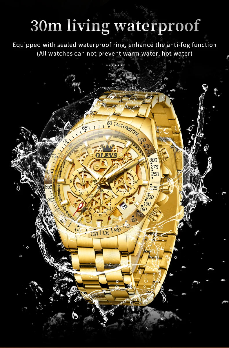 OLEVS Original Brand Quartz Watch Men Hollow Out Dial Design Stainless Steel Waterproof Chronograph New Fashion Gold Men's Watch