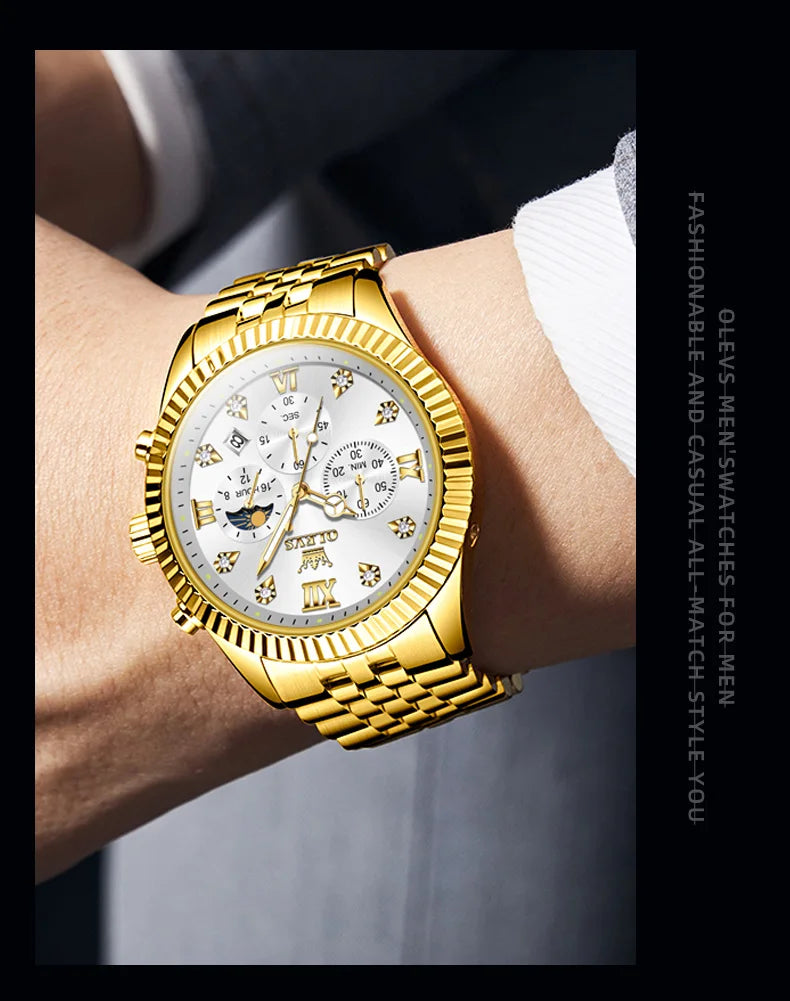 OLEVS Brand Luxury Original Men's Watches Waterproof Moon Phase Quartz Watch Luminous Gold Stainless Steel Strap Male Wristwatch