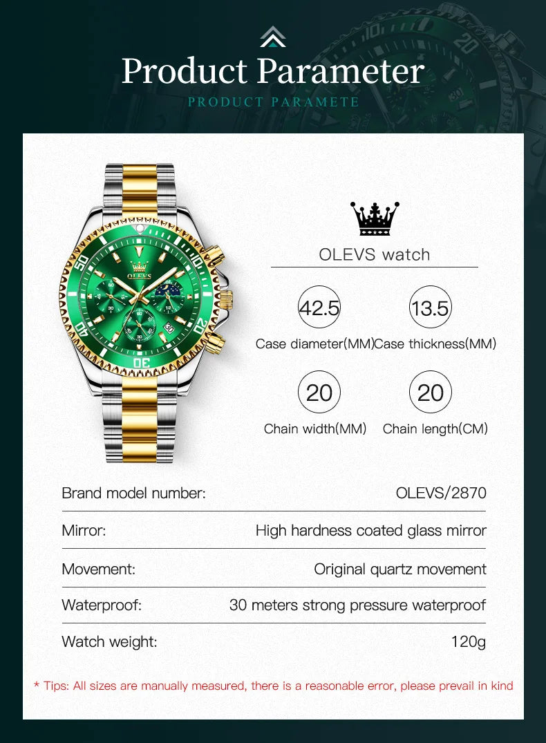 OLEVS 2870 Luxury Golden Watch for Men Fashion Business Waterproof Male Wristwatch Original Brand Moon Phase Quartz Men's Watch