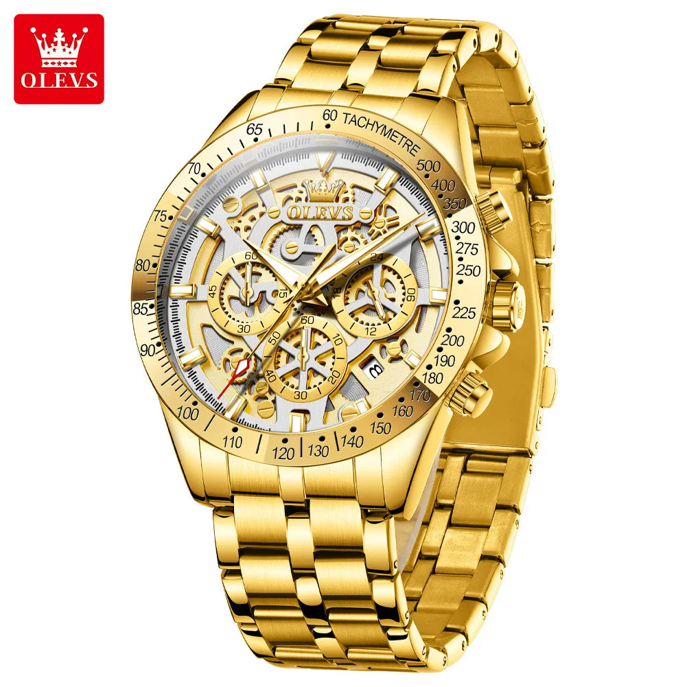 OLEVS Original Brand Quartz Watch Men Hollow Out Dial Design Stainless Steel Waterproof Chronograph New Fashion Gold Men's Watch
