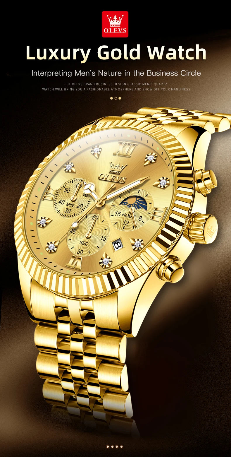 OLEVS Brand Luxury Original Men's Watches Waterproof Moon Phase Quartz Watch Luminous Gold Stainless Steel Strap Male Wristwatch