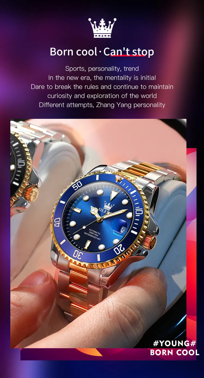 OLEVS 6650 Men Watch Classic Original Automatic Mechanical Watch For Man Zircon Scale  Waterproof Luminous Stainless Steel Reloj