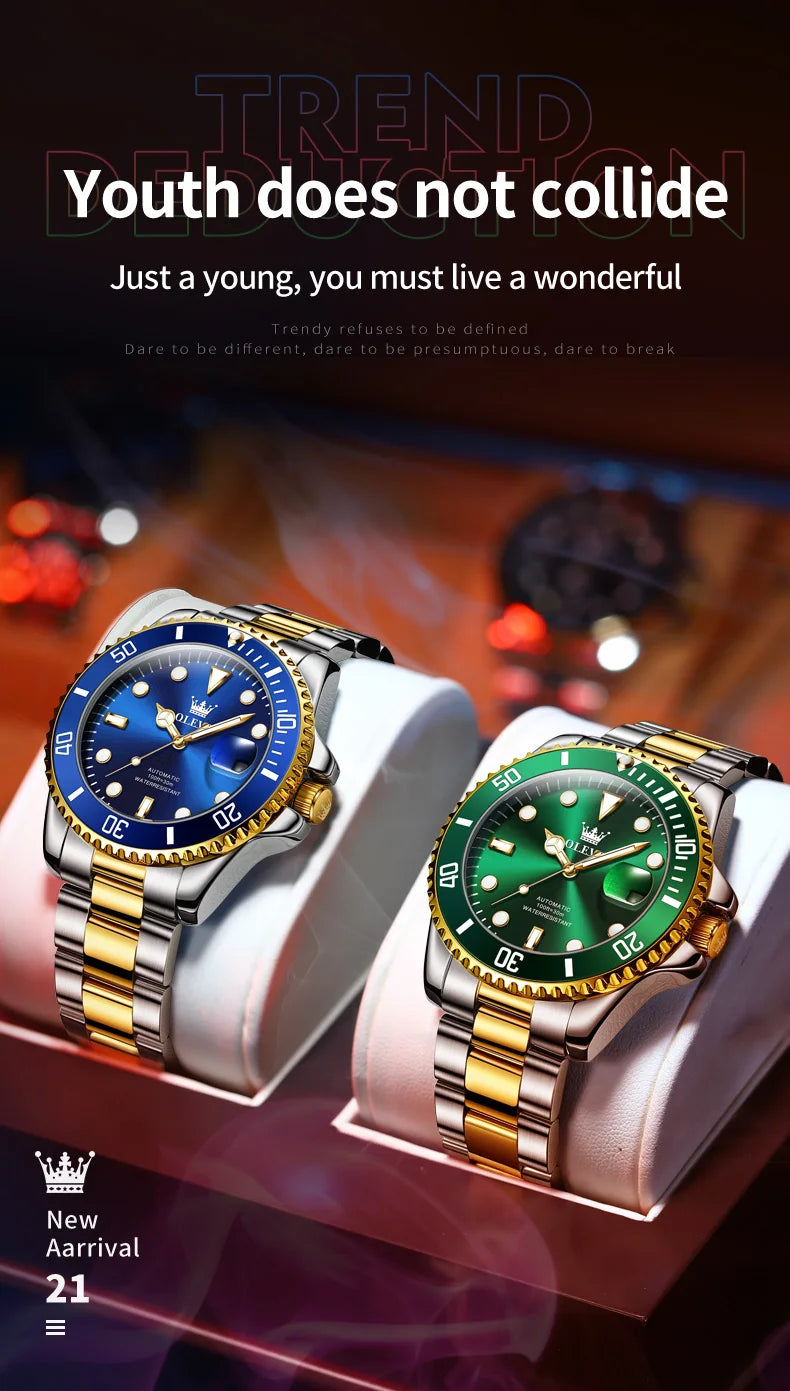 OLEVS 6650 Men Watch Classic Original Automatic Mechanical Watch For Man Zircon Scale  Waterproof Luminous Stainless Steel Reloj