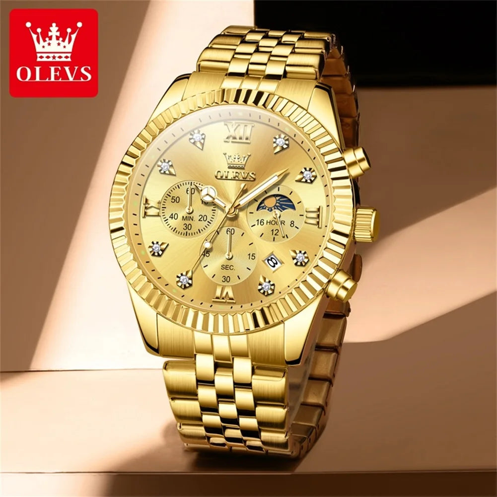 OLEVS Brand Luxury Original Men's Watches Waterproof Moon Phase Quartz Watch Luminous Gold Stainless Steel Strap Male Wristwatch