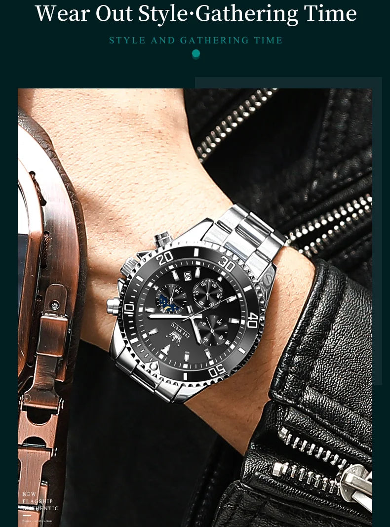 OLEVS 2870 Chronograph Quartz Business Men Watch Fashion Moon Phase Waterproof Watch For Men Stainless Steel Original Wristwatch