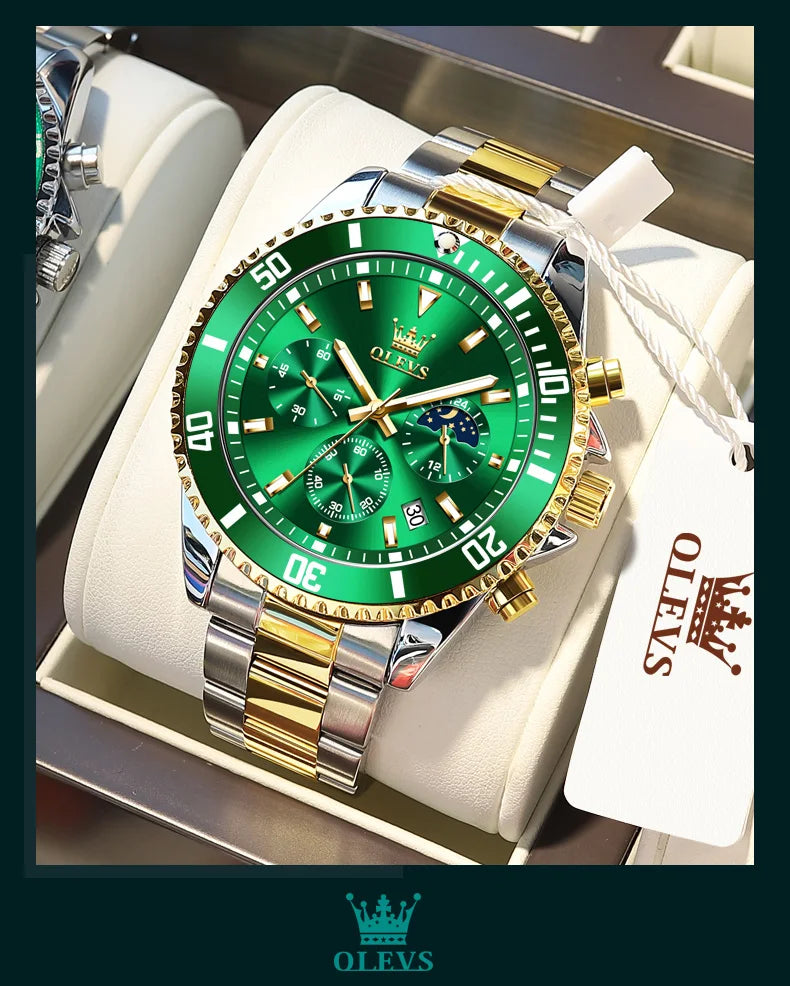 OLEVS 2870 Chronograph Quartz Business Men Watch Fashion Moon Phase Waterproof Watch For Men Stainless Steel Original Wristwatch