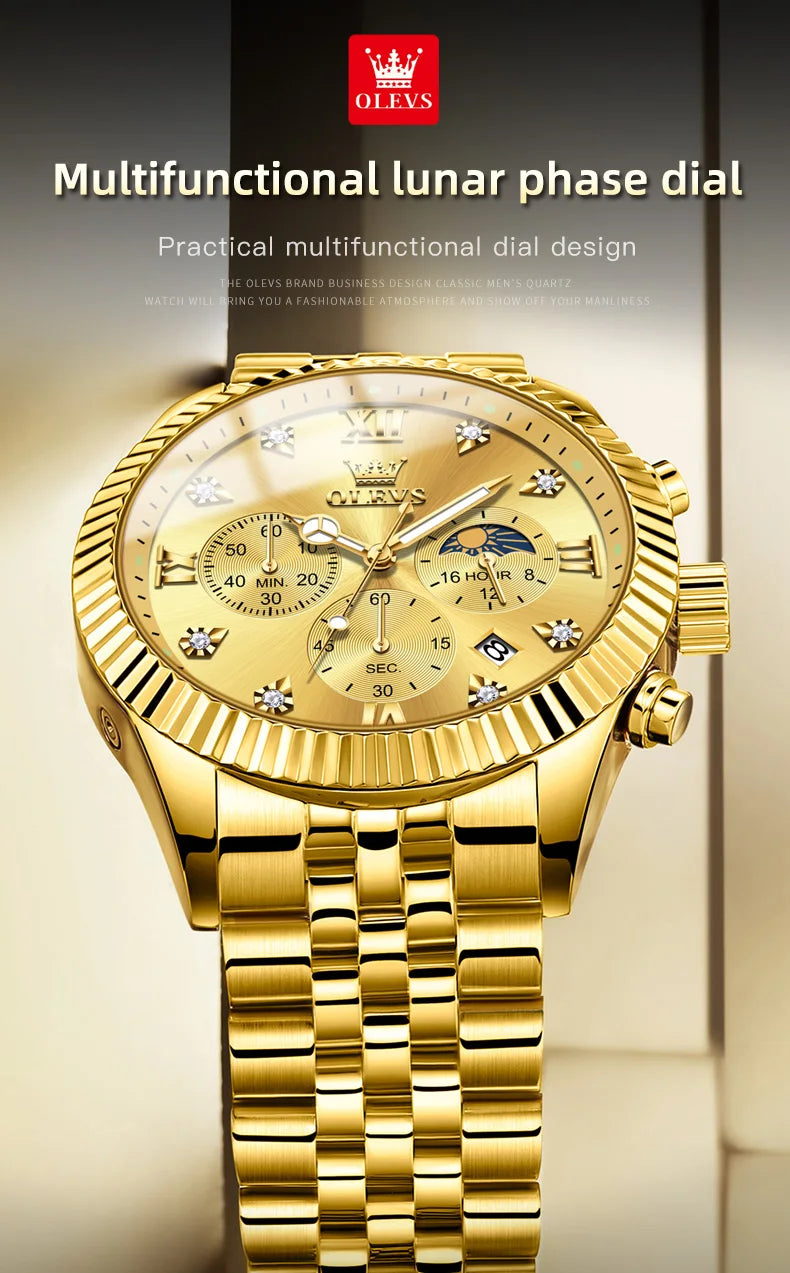 OLEVS Brand Luxury Original Men's Watches Waterproof Moon Phase Quartz Watch Luminous Gold Stainless Steel Strap Male Wristwatch