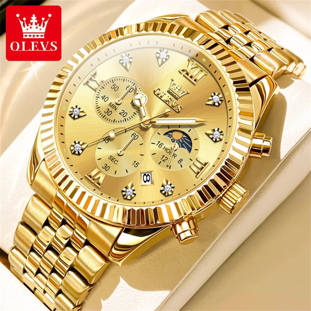 OLEVS Brand Luxury Original Men's Watches Waterproof Moon Phase Quartz Watch Luminous Gold Stainless Steel Strap Male Wristwatch