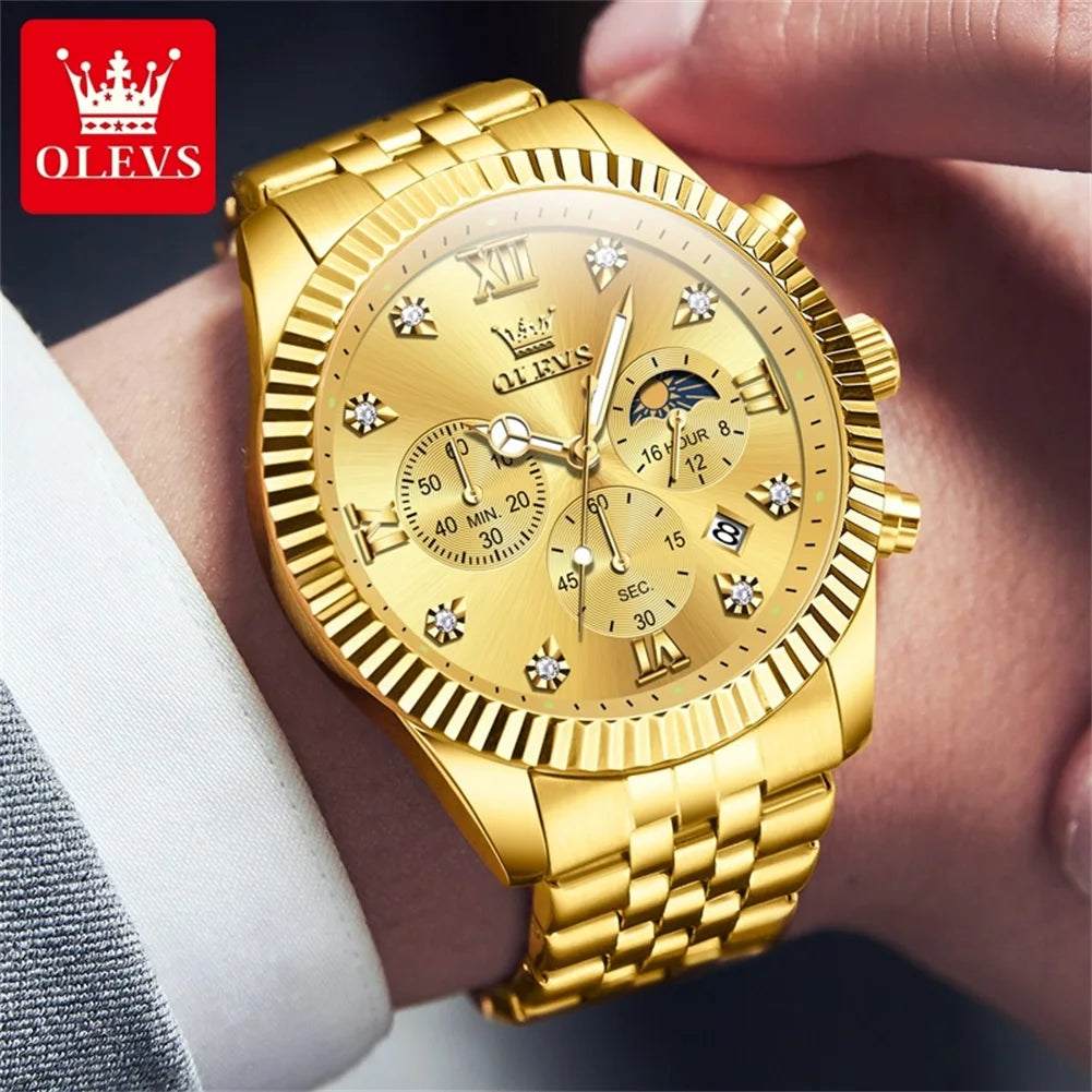 OLEVS Brand Luxury Original Men's Watches Waterproof Moon Phase Quartz Watch Luminous Gold Stainless Steel Strap Male Wristwatch
