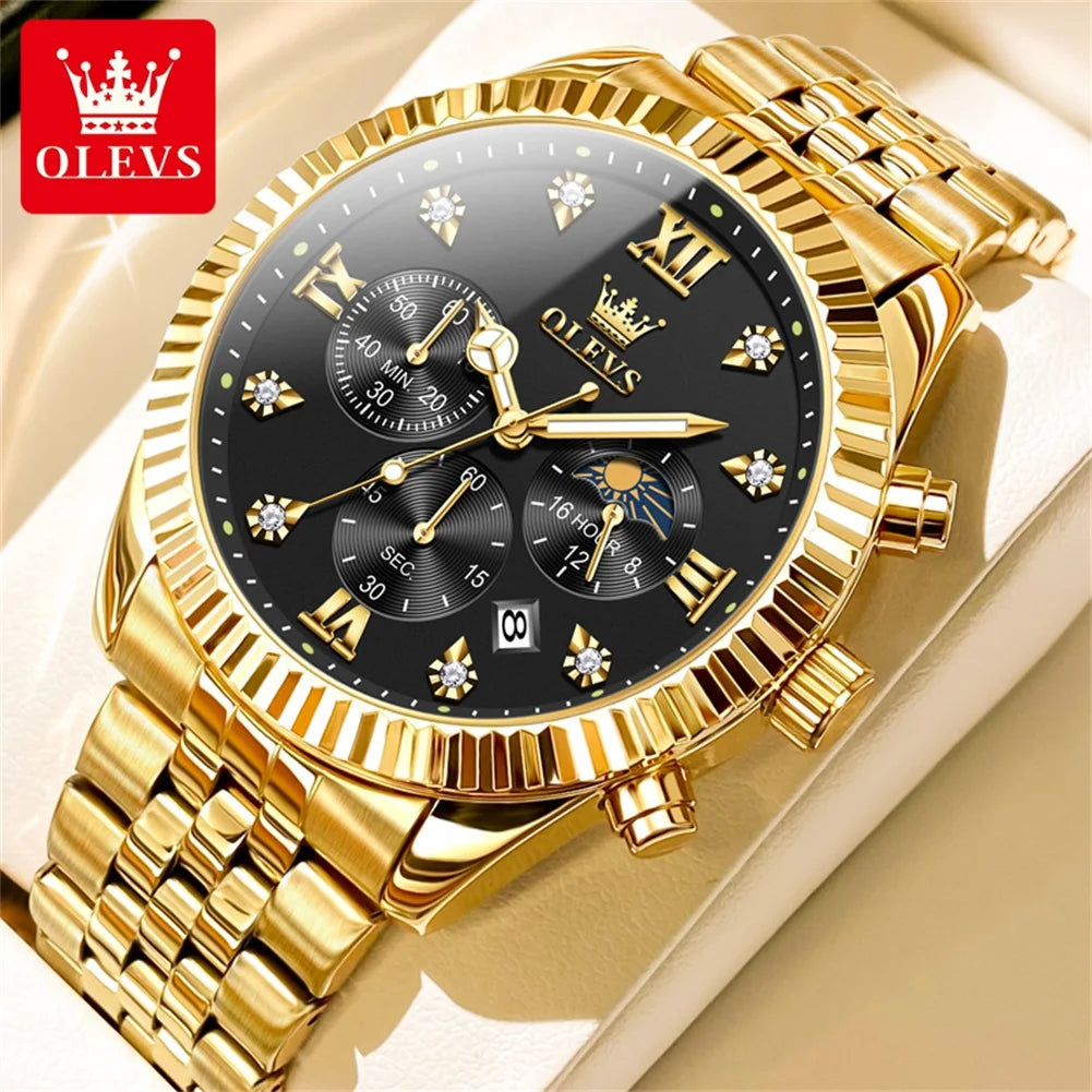 OLEVS Brand Luxury Original Men's Watches Waterproof Moon Phase Quartz Watch Luminous Gold Stainless Steel Strap Male Wristwatch