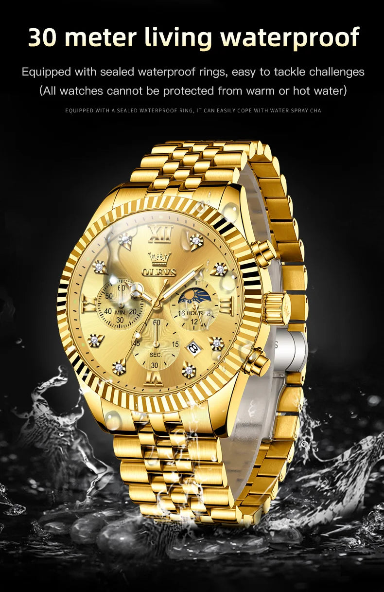 OLEVS Brand Luxury Original Men's Watches Waterproof Moon Phase Quartz Watch Luminous Gold Stainless Steel Strap Male Wristwatch