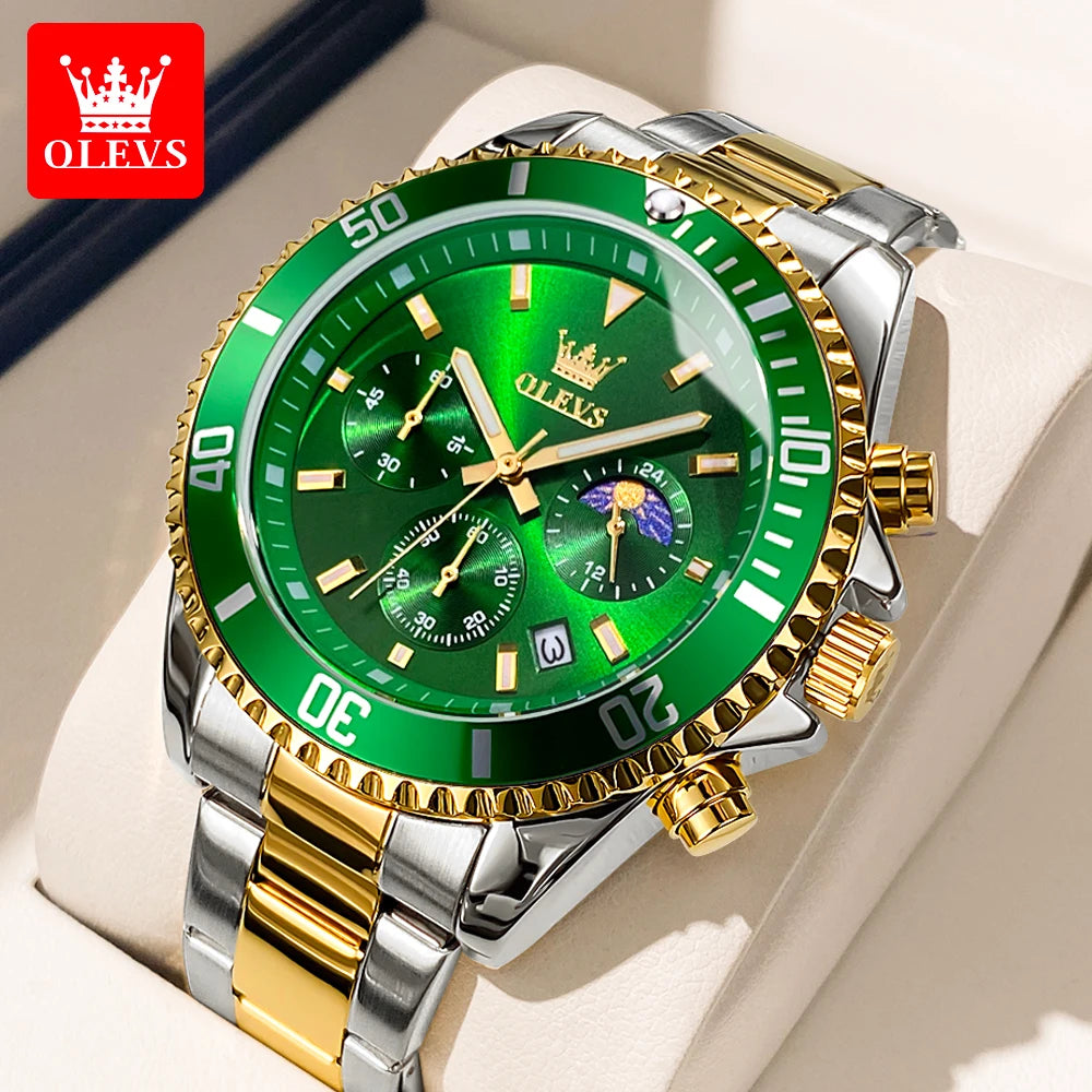 OLEVS 2870 Chronograph Quartz Business Men Watch Fashion Moon Phase Waterproof Watch For Men Stainless Steel Original Wristwatch