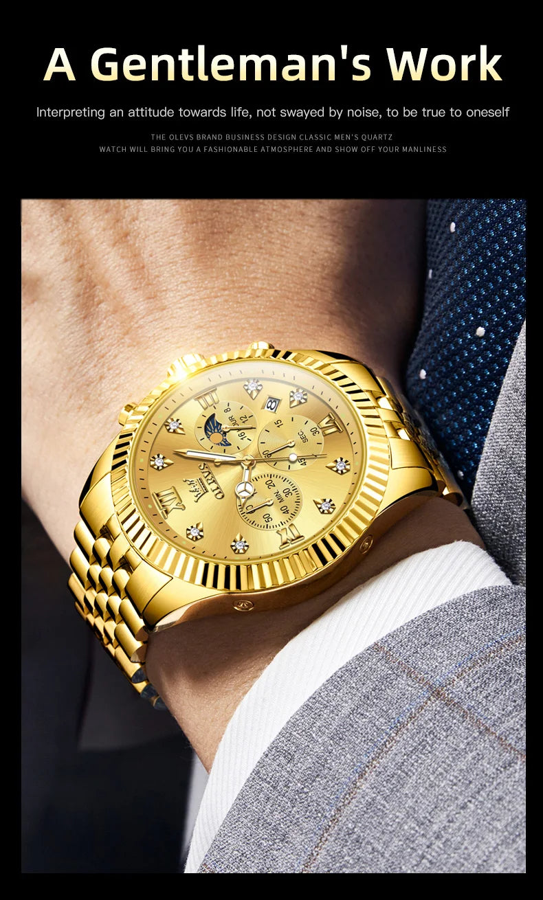 OLEVS Brand Luxury Original Men's Watches Waterproof Moon Phase Quartz Watch Luminous Gold Stainless Steel Strap Male Wristwatch