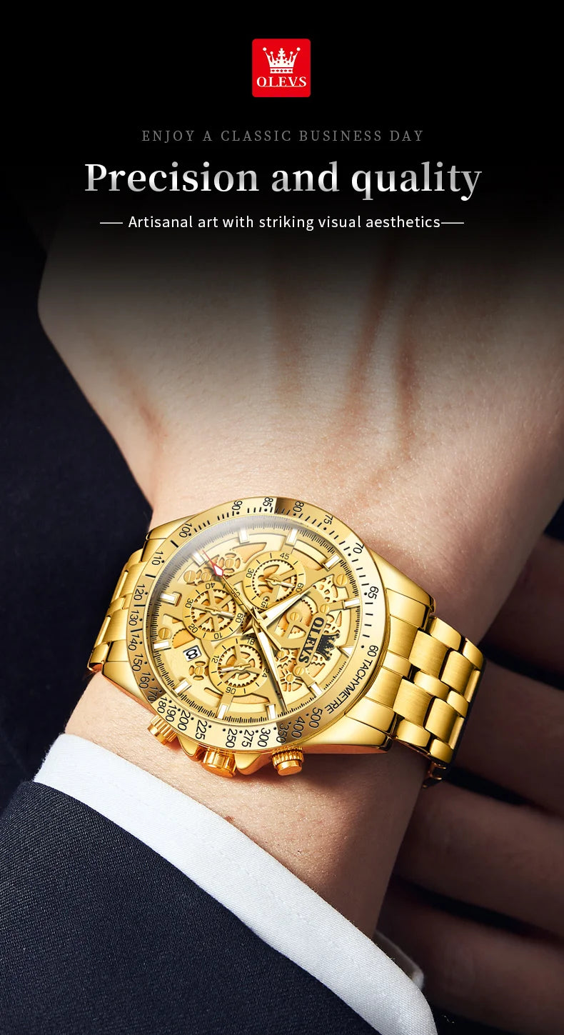 OLEVS Original Brand Quartz Watch Men Hollow Out Dial Design Stainless Steel Waterproof Chronograph New Fashion Gold Men's Watch