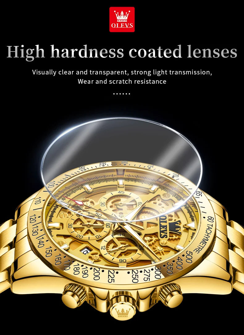 OLEVS Original Brand Quartz Watch Men Hollow Out Dial Design Stainless Steel Waterproof Chronograph New Fashion Gold Men's Watch