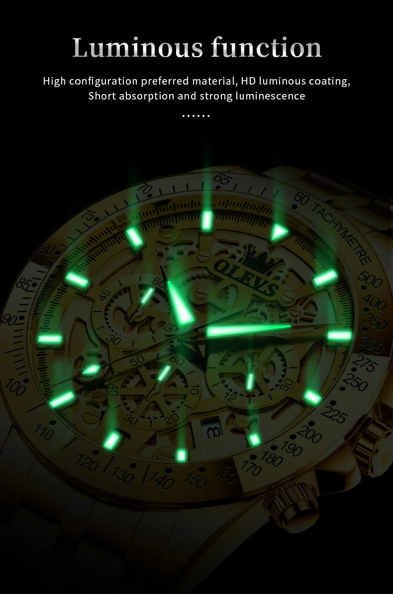 OLEVS Original Brand Quartz Watch Men Hollow Out Dial Design Stainless Steel Waterproof Chronograph New Fashion Gold Men's Watch