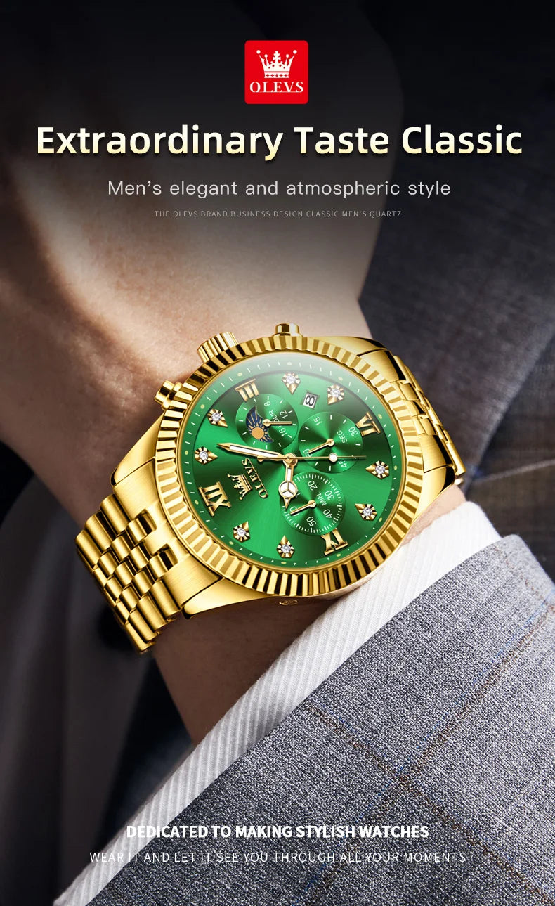 OLEVS Brand Luxury Original Men's Watches Waterproof Moon Phase Quartz Watch Luminous Gold Stainless Steel Strap Male Wristwatch