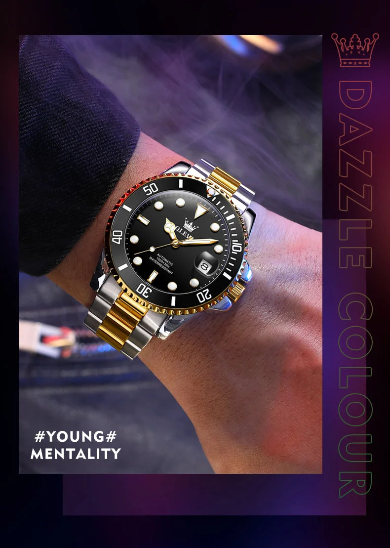 OLEVS 6650 Men Watch Classic Original Automatic Mechanical Watch For Man Zircon Scale  Waterproof Luminous Stainless Steel Reloj