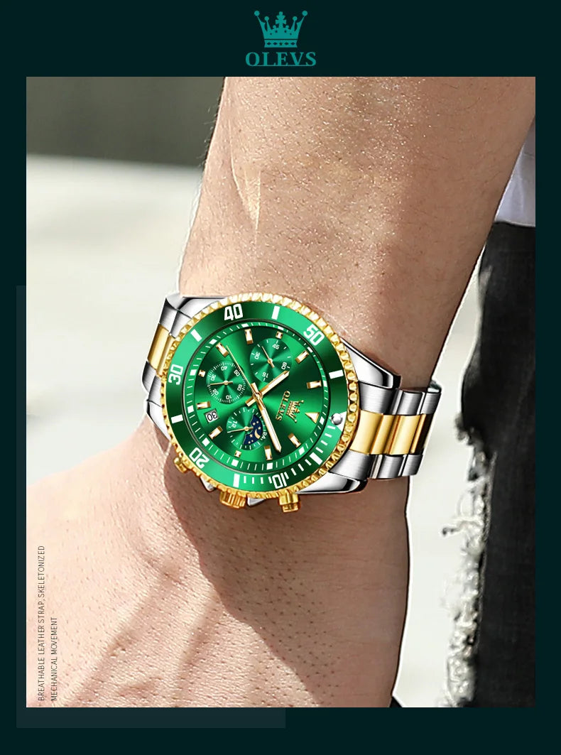 OLEVS 2870 Men Watch 42.5mm Big Dial Chronograph Moon Phase Waterproof Sports Watches Original Fashion Quartz Watch for Men 2025